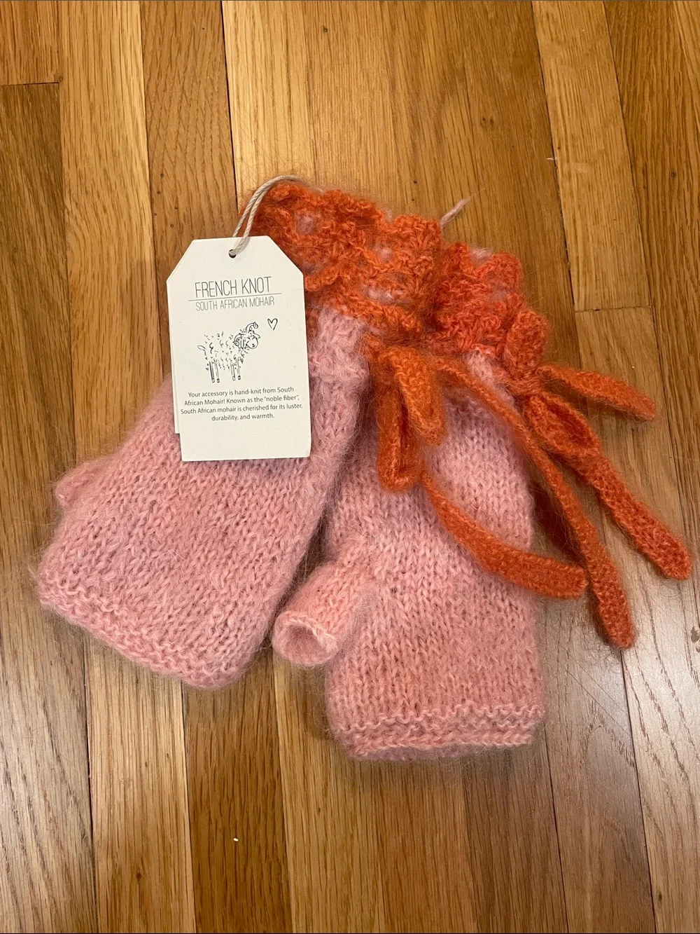NEW French Knot Handknit Pink & Orange Mohair Handwarmer Gloves with Bow Detail